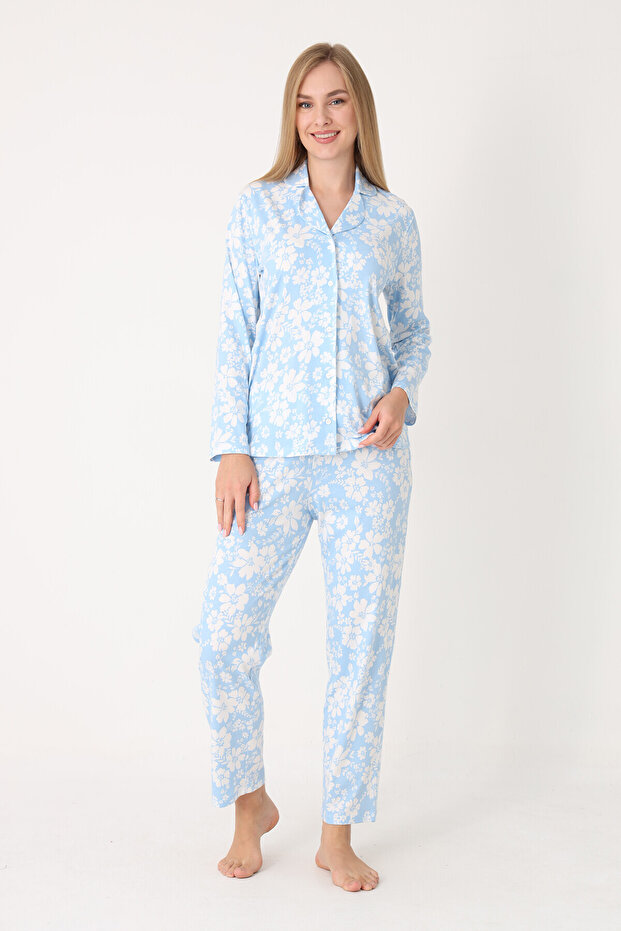 Blue Flower Effect Front Buttoned Pajama Set - 2