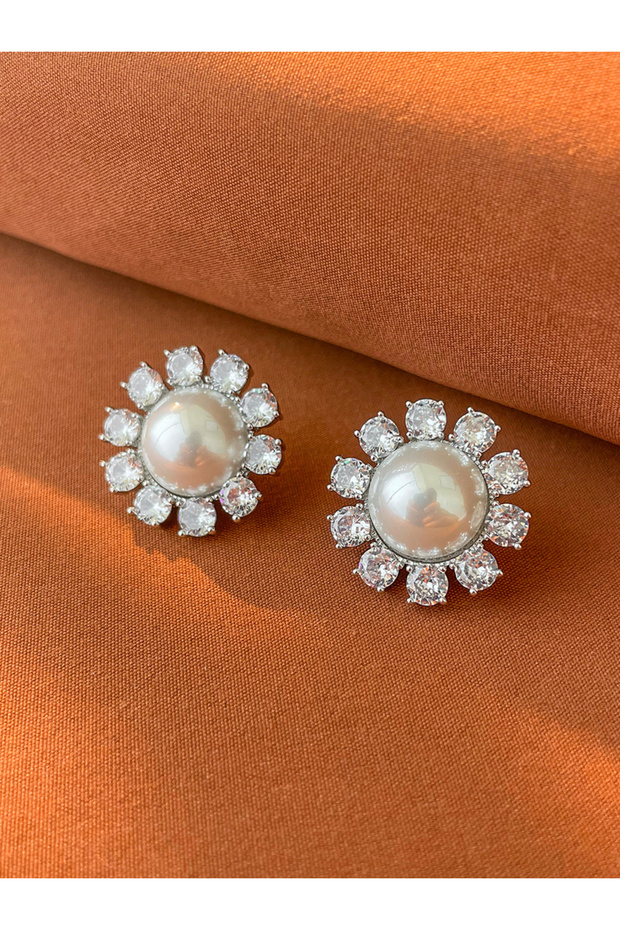 Silver Floral Decor Embellished Earrings with Faux Pearl