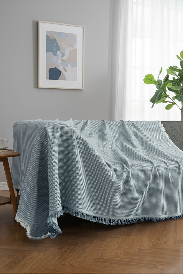Cotton Textured Sofa Throw 170X220 cm – Fringed Tv Blanket & Decorative Sofa Cover