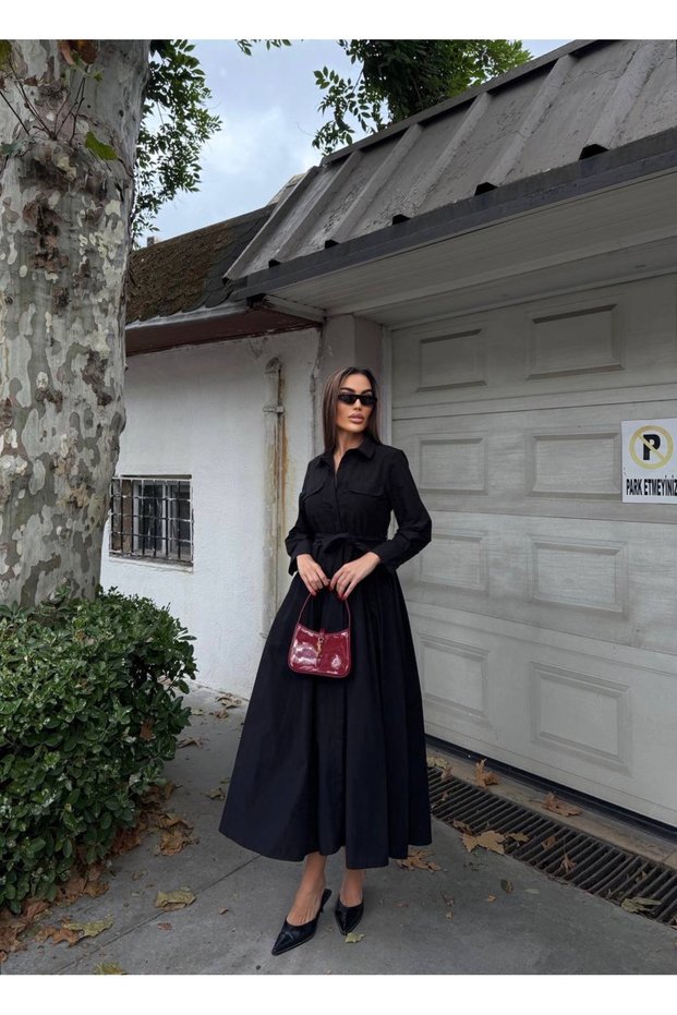 Black Poplin Long Belted Shirt Dress