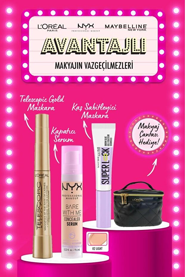 L'Oreal Paris Telescopic Maskara & Bare With Me Kapatıcı 02 & Super Lock Kaş Sabitleyici & Makyaj Çantası Hediye