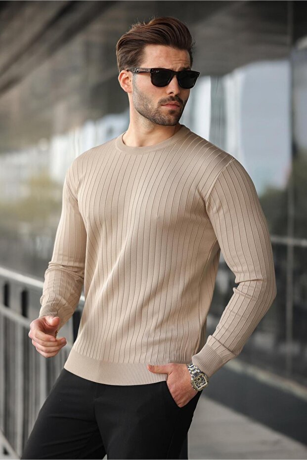 Light Brown Crew Neck Striped Long Sleeve Sweater E7273