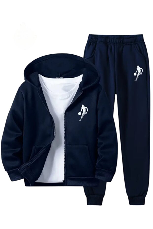 2-Piece Basketball Character Printed Zippered Boys' Top and Bottom Tracksuit Set