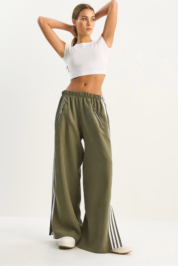Women's Khaki Striped Elastic Waist Pocket Detailed Seasonal Palazzo Trousers 8585 60283690