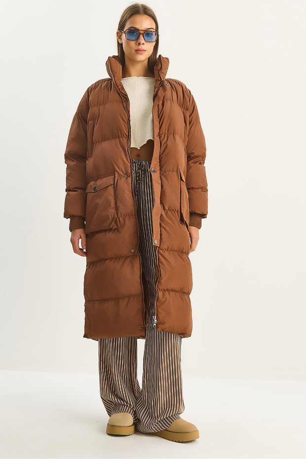 Women's Brown Hidden Hooded Pocket Detailed Long Lined Puffer Coat 4044 60283683