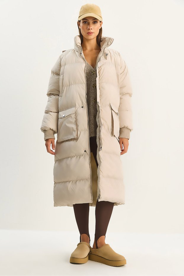 Women's Beige Hidden Hood Pocket Detailed Long Lined Puffer Coat 4044 60283683