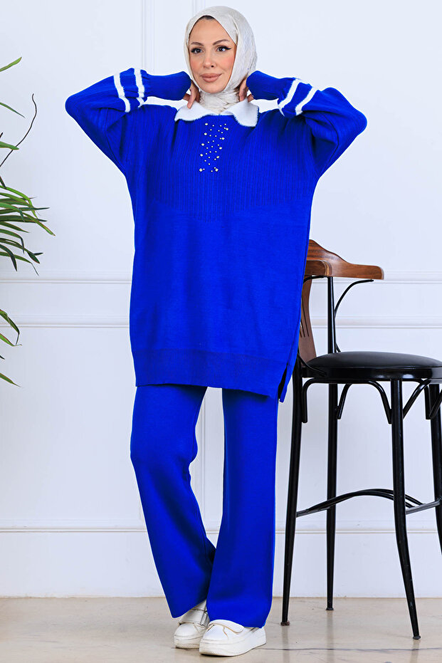 Stone Embroidered Knitwear Set S1009 Cobalt Blue