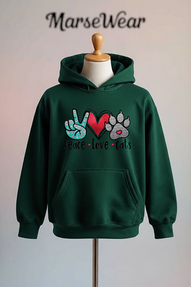سويت شيرت قطني مطبوع عليه Peace Love Cats مكون من 3 خيوط كبيرة الحجم