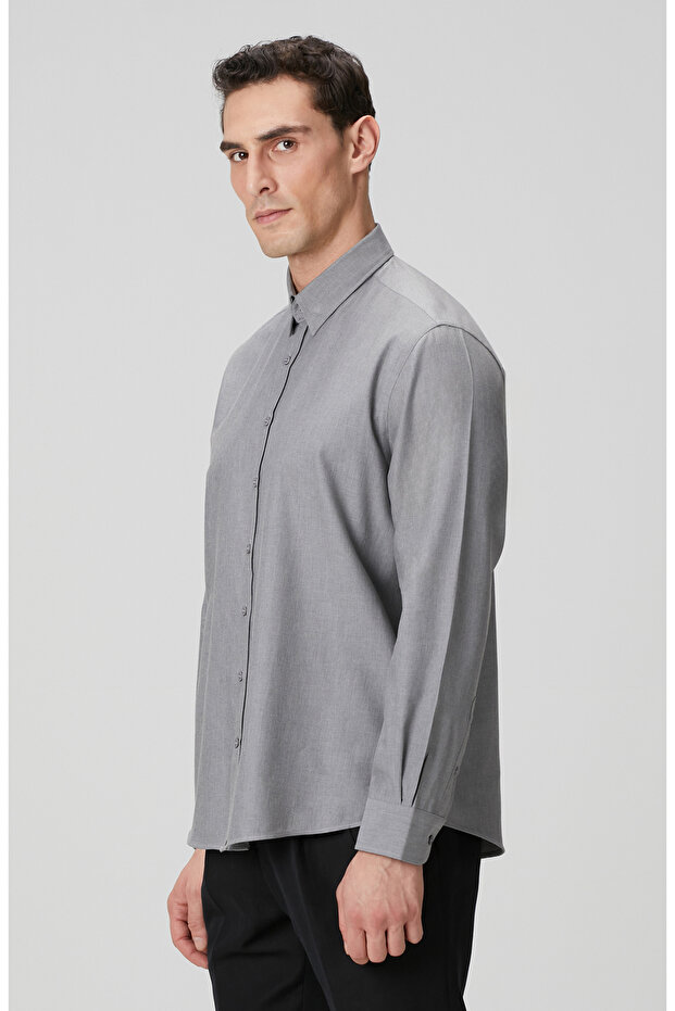 Gri Yün Karışımlı Gömlek - 4