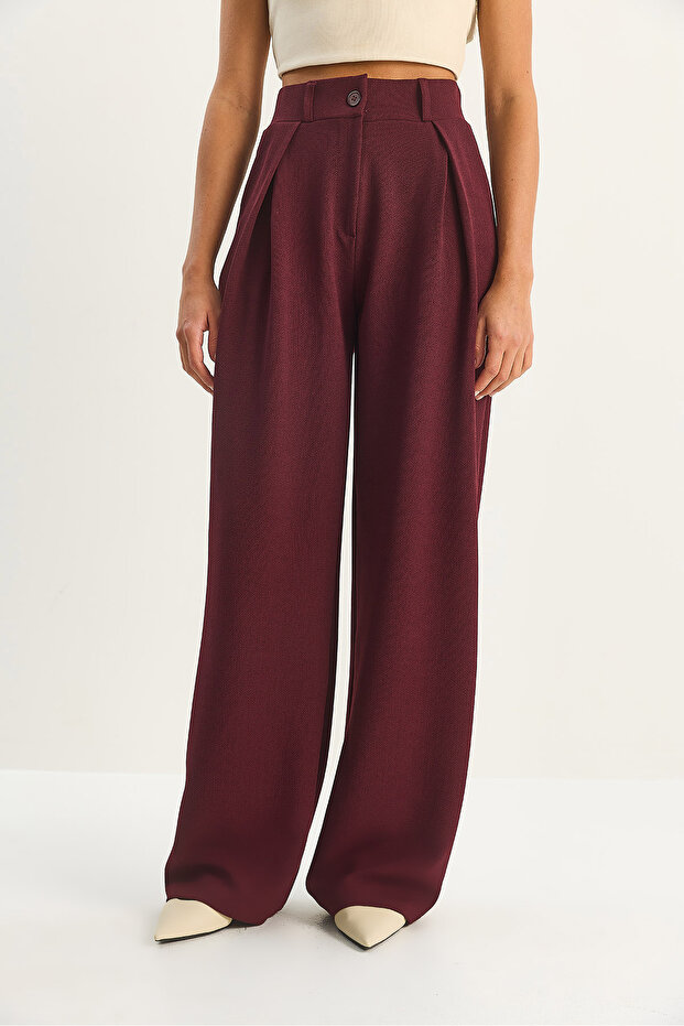 Kadın Yüksek Bel Dökümlü Cep Detaylı Piliseli Pantolon 1012 60283578 - 5