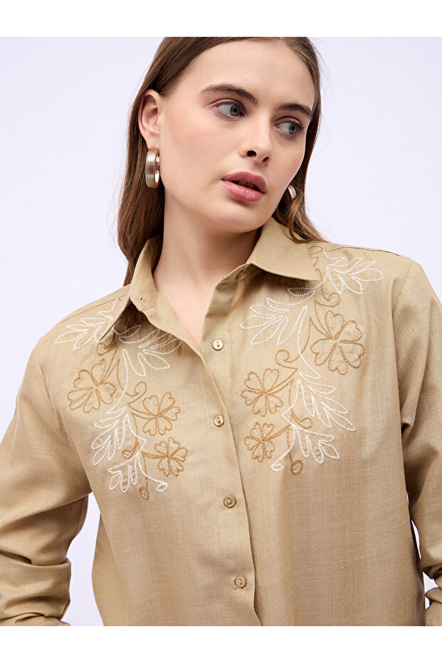 Women Beige Embroidered Long Sleeve Shirt