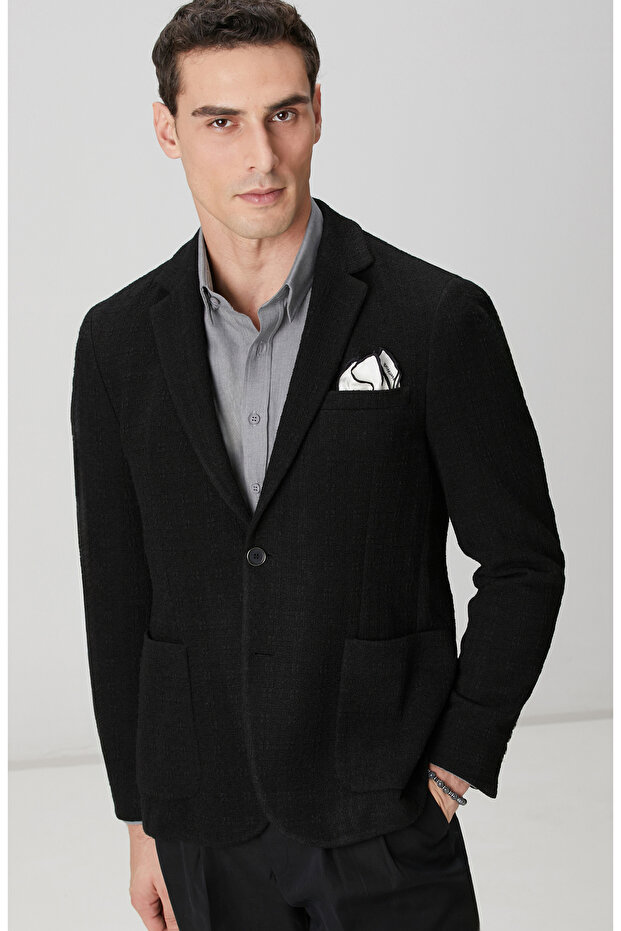 Siyah Yün Karışımlı Örme Ceket - 2