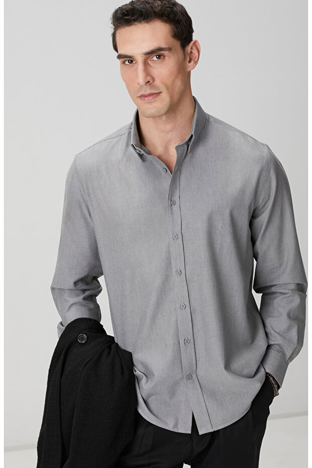 Gri Yün Karışımlı Gömlek - 2