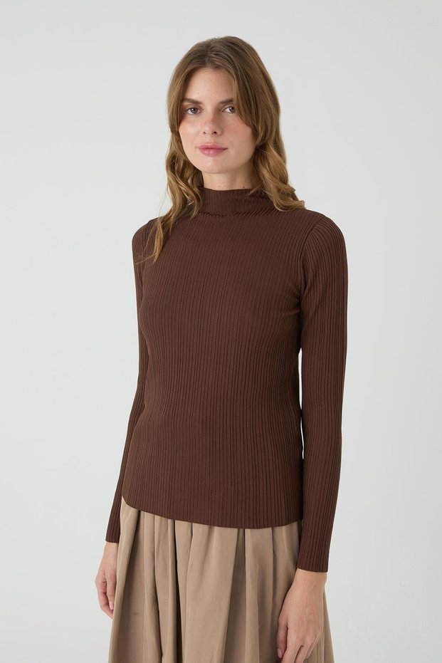 Long Sleeve Corded Fabric Knitwear Bodysuit Brown