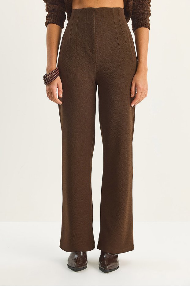 Women's Bitter Brown High Waist Fileto Detailed Pocketed Wide Leg Pants 1003 60283580