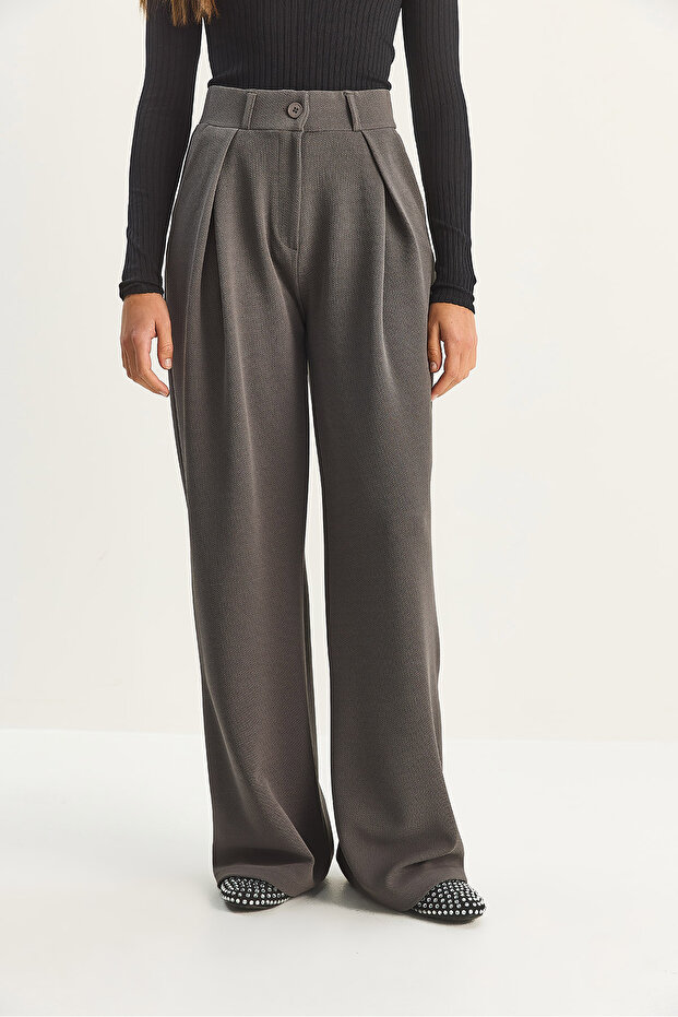 Kadın Yüksek Bel Dökümlü Cep Detaylı Piliseli Pantolon 1012 60283578 - 4