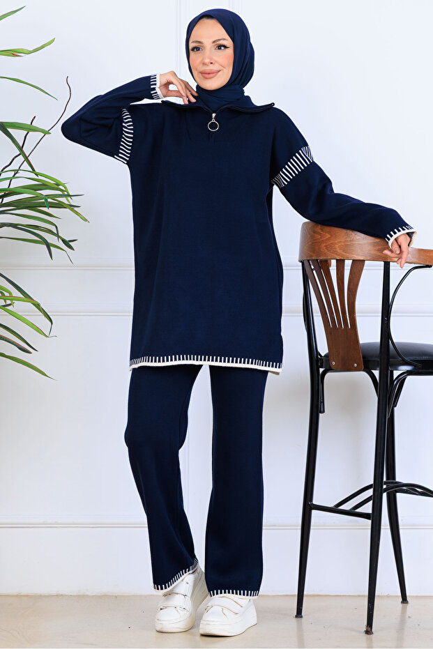 Zippered Collar Stripe Detail Knitwear Set S1061 Navy Blue