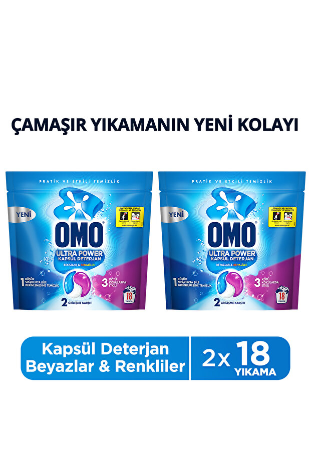 Omo Ultra Power Kapsül Deterjan Beyazlar ve Renkliler 18 Yıkama x2