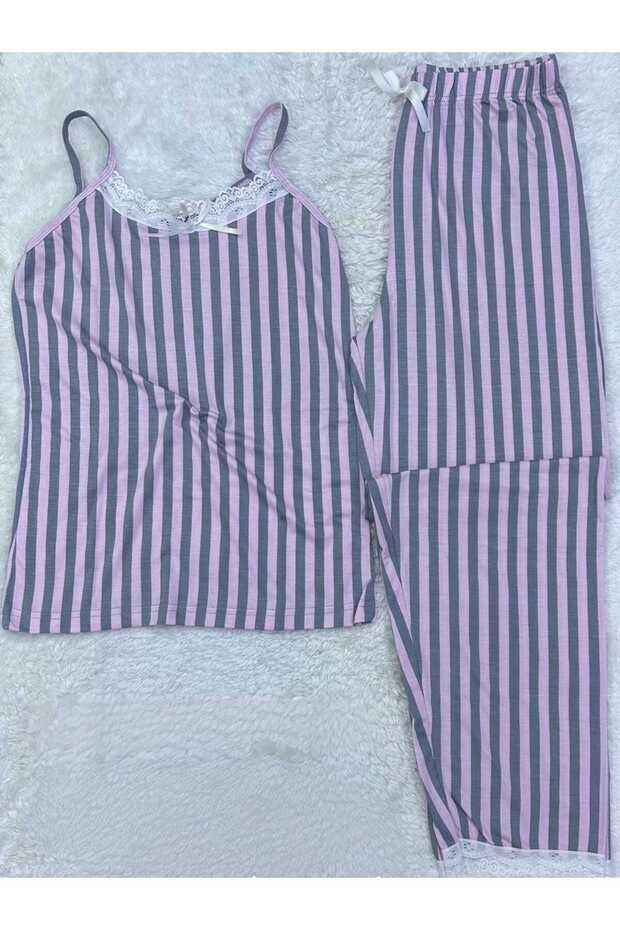 Women's Pink String Strap Nightgown Pajama Set Lace Detailed Stylish Cotton Summer Soft Cotton