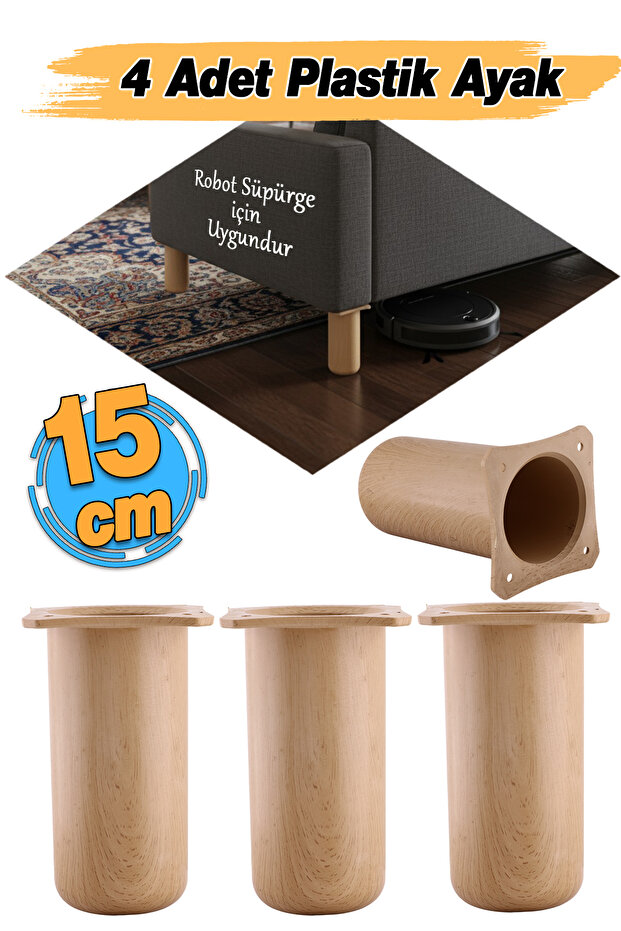 ( 4 Adet ) Plastik Liva Kayın Beji 15 cm Mobilya Kanepe Koltuk Yatak Baza Yükseltme Ayağı Ayakları - 1