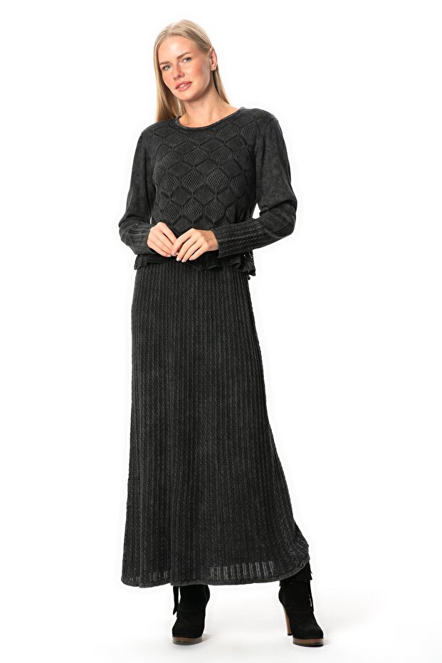Long Sleeve Ahu Authentic Knitted Patterned Winter Long Knitwear Dress Smoked Fm