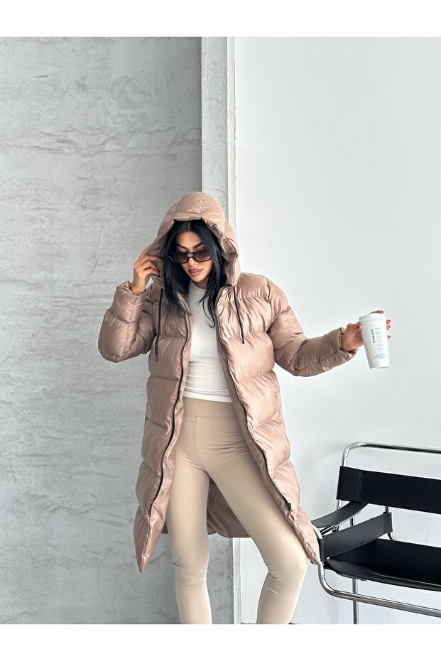 női zselés bélésű kapucnis cipzáras hosszú pehelykabát 251011 - 3