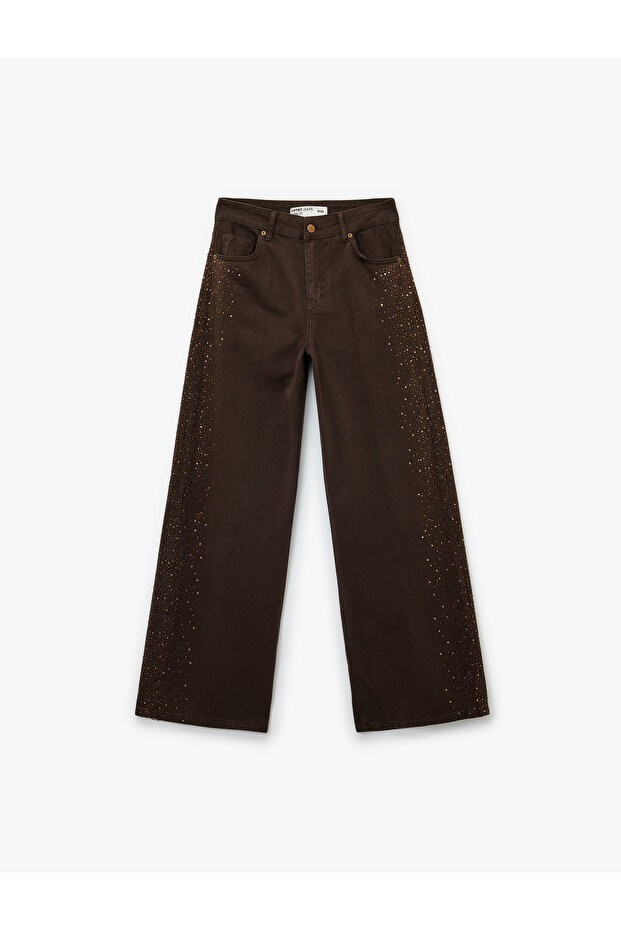 Wide Leg Jeans with Pockets and Stone Embellishment Detail - Wide Leg Jeans