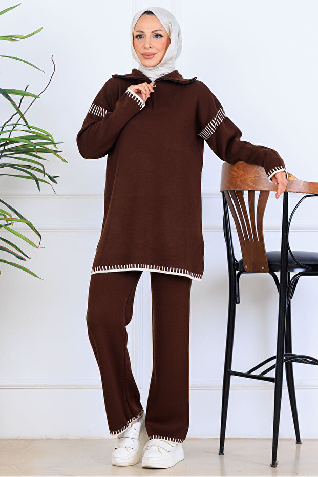 Zippered Collar Stripe Detail Knitwear Set S1061 Brown