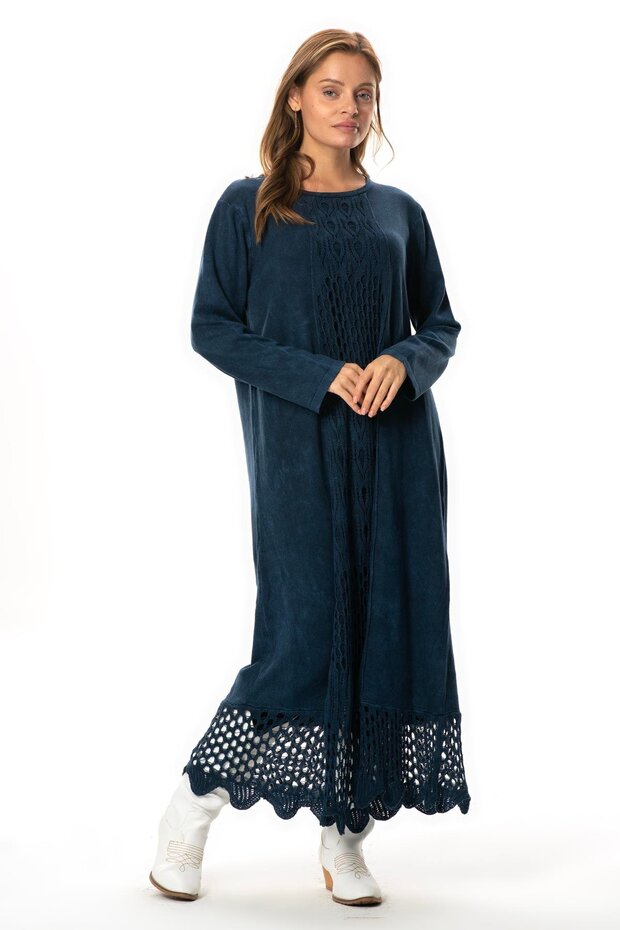 Long Sleeve Sena Ethnic Patterned Autumn and Winter Long Knitwear Dress Indigo Indg