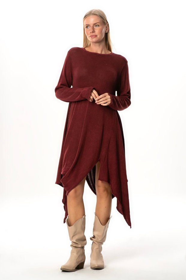 Long Sleeve Handan Asymmetrical Cut Autumn and Winter Flowy Midi Length Knitwear Dress Burgundy Brd