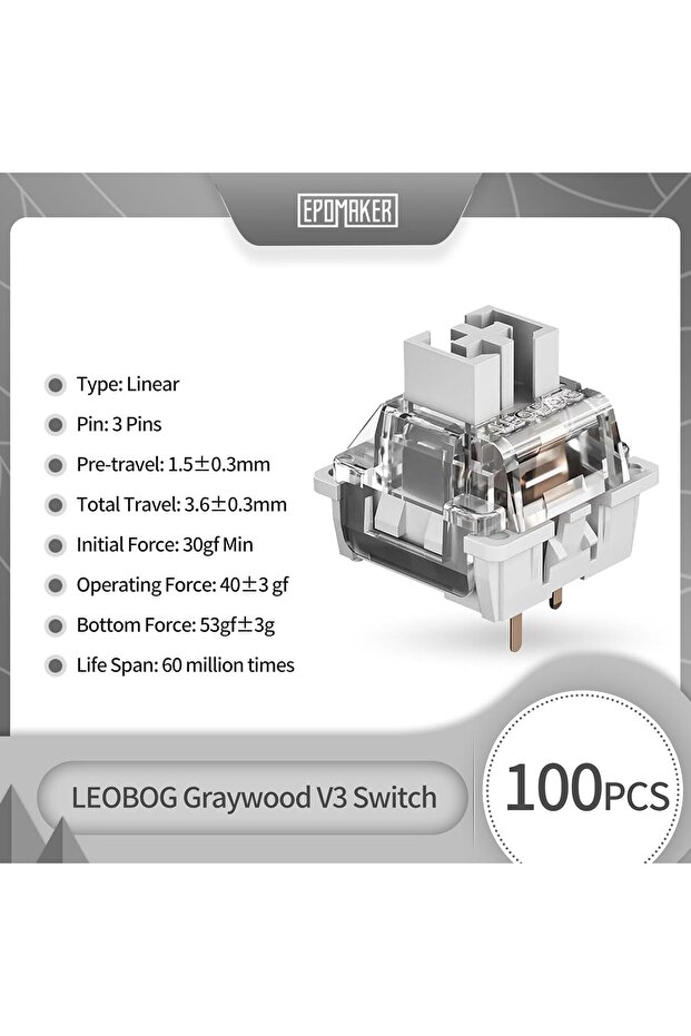 LEOBOG Graywood V3 Switch Set, Linear, 40g, 3 Pins, 100 Pieces for Customizing Keyboards - 1