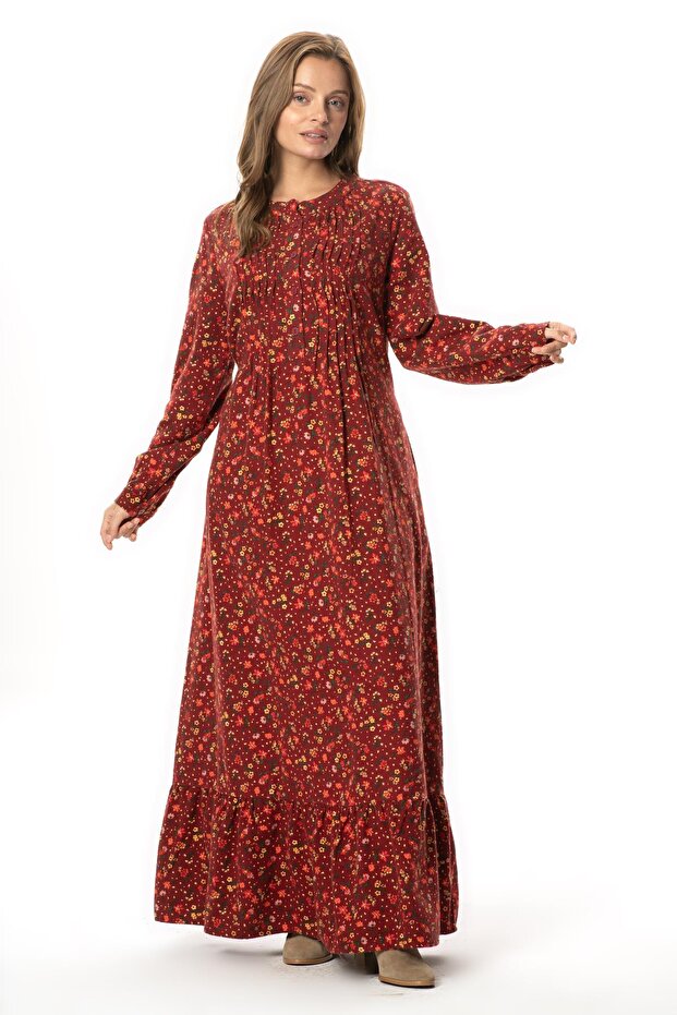 Long Sleeve Suede Flannel Buttoned Daisy Pattern Autumn and Winter Long Dress Burgundy Brd