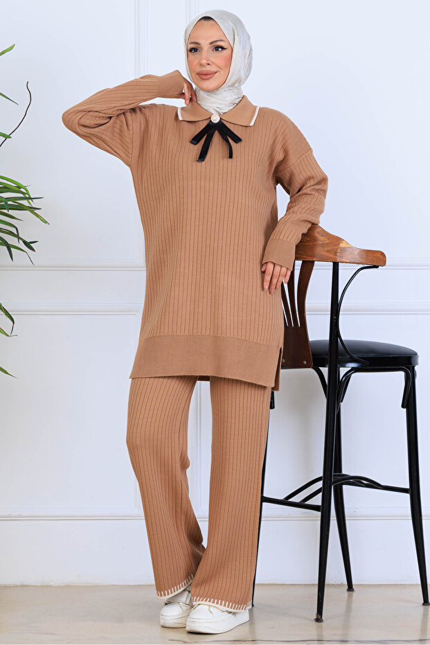 Ribbed Collar Detail Knitwear Set S1064 Mink