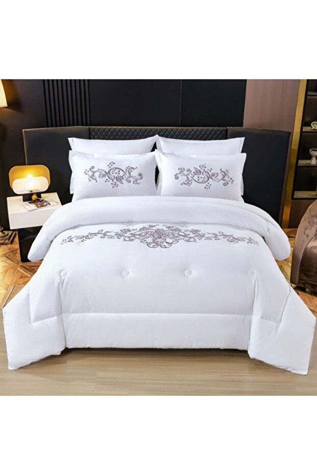 6Pc Plush Cotton Luxurious Embroidery King Size White Soft Floral Comforter Set
