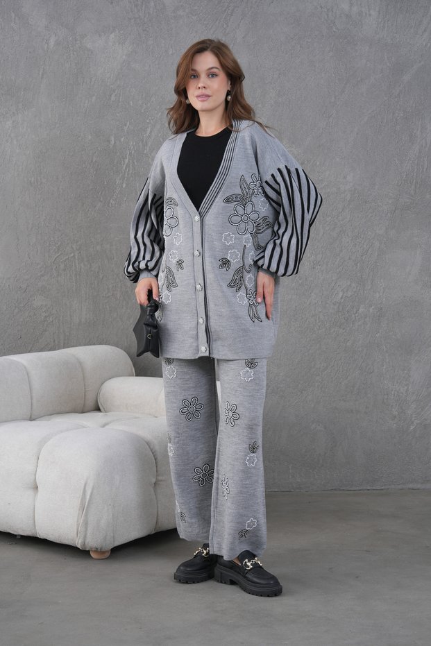 Women's Beaded Embroidered Wide-Fit Knit Cardigan and Pants Top and Bottom Set