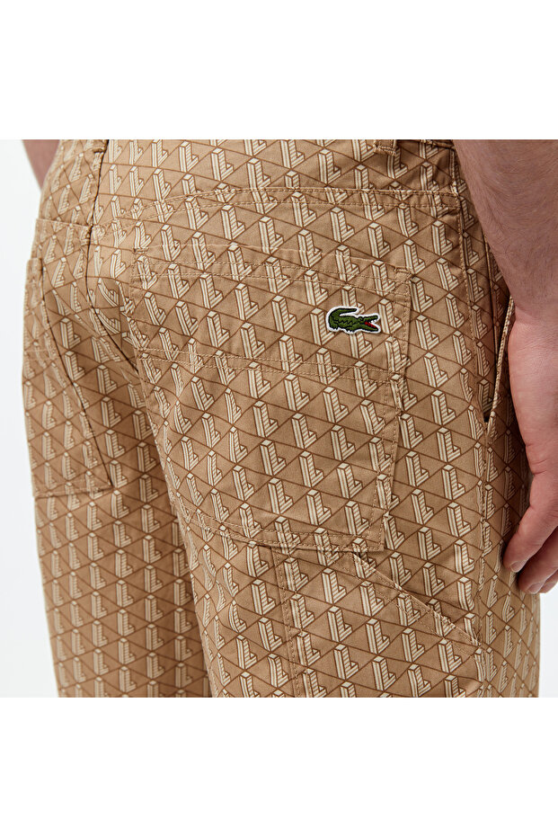 Erkek Loose Fit Monogram Bej Bermuda Şort - 6