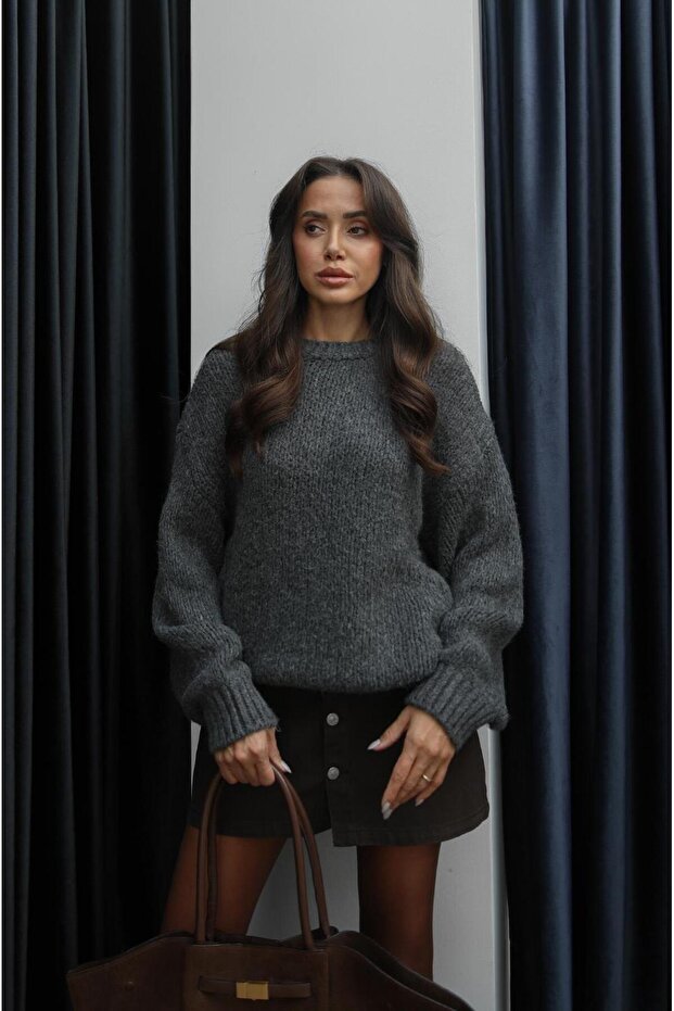 Antrasit Kalın Örme Bisiklet Yaka Kazak - 2