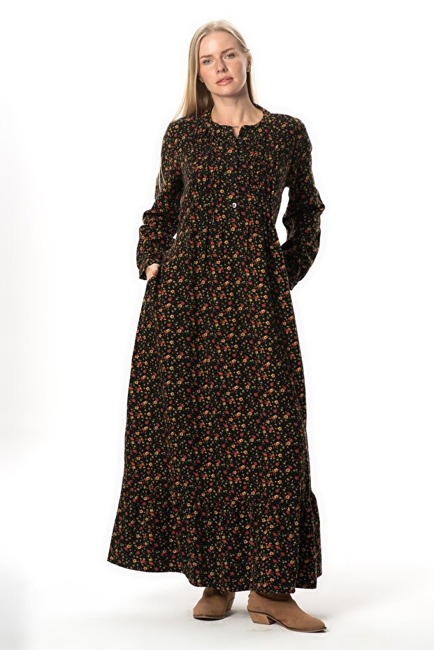 Long Sleeve Suede Flannel Buttoned Daisy Pattern Autumn and Winter Long Dress Black Syh