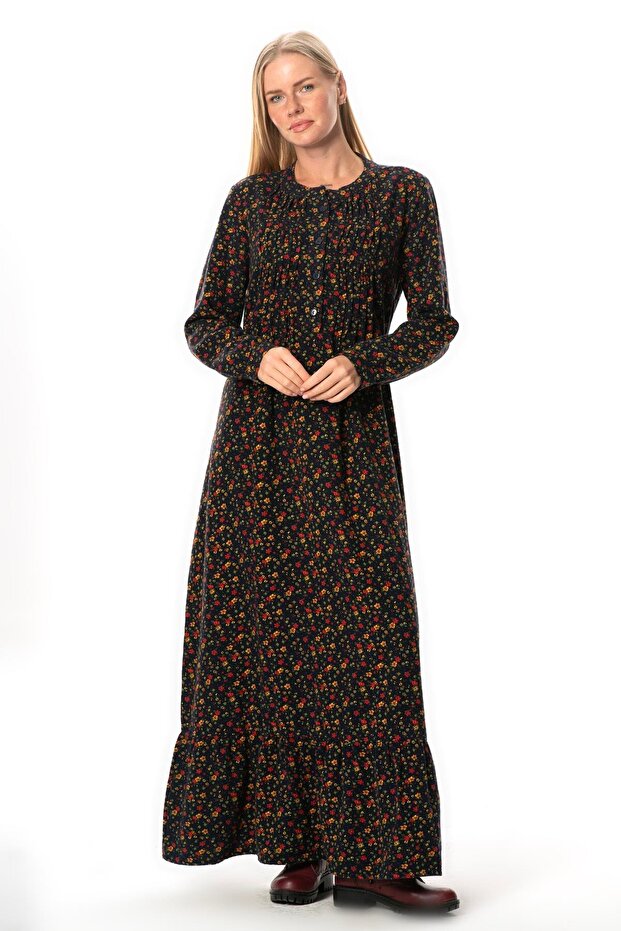 Long Sleeve Suede Flannel Buttoned Daisy Pattern Autumn and Winter Long Dress Navy Blue Lcvt