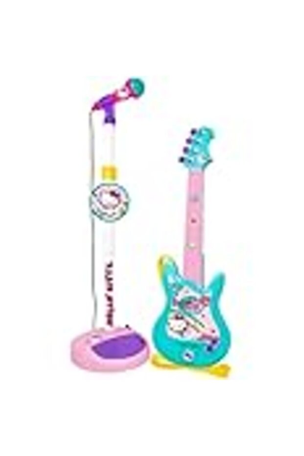Hello Kitty Kids Musical Set – Pink & Teal Electric Guitar with Adjustable Microphone Stand & Spea