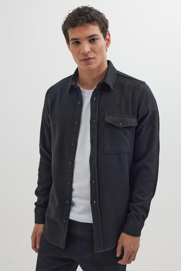 Men's Slim Fit Single Pocket Flap Plain Lumberjack Sport Black Shirt