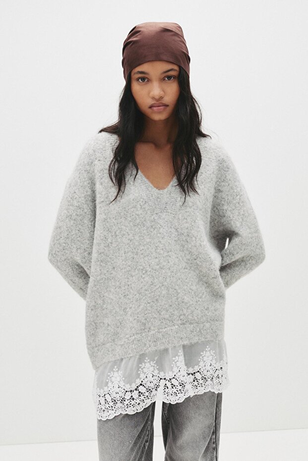 Dantel etek uçlu kontrastlı kazak - 2