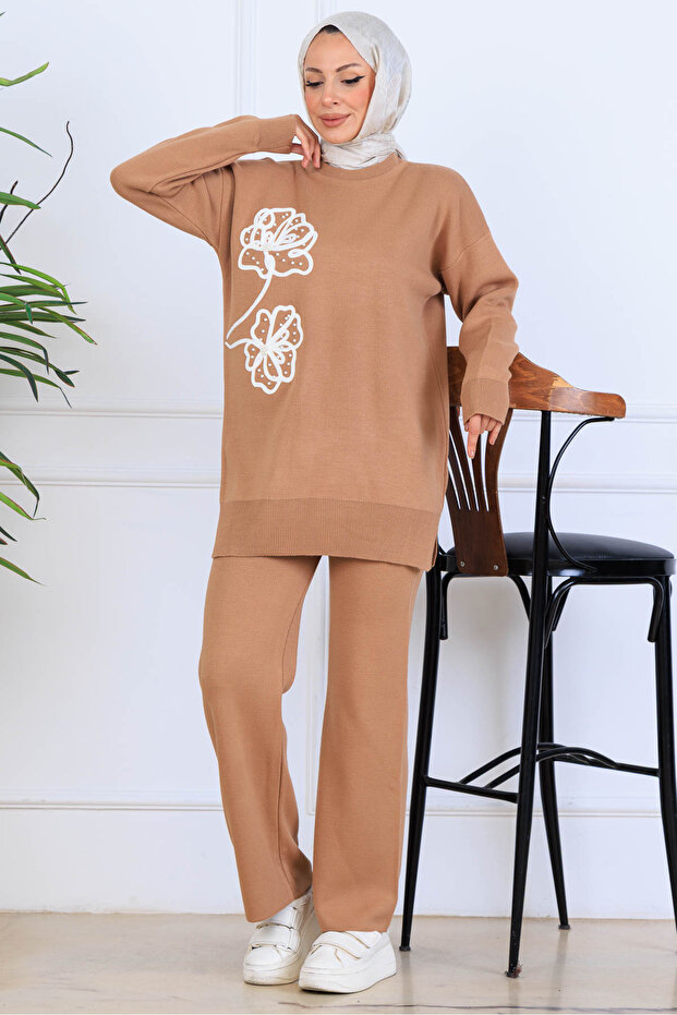 Embroidery Detailed Knitwear Set S1120 Mink