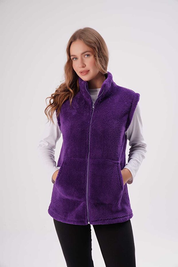 Women's Purple Mock Neck Plush Vest