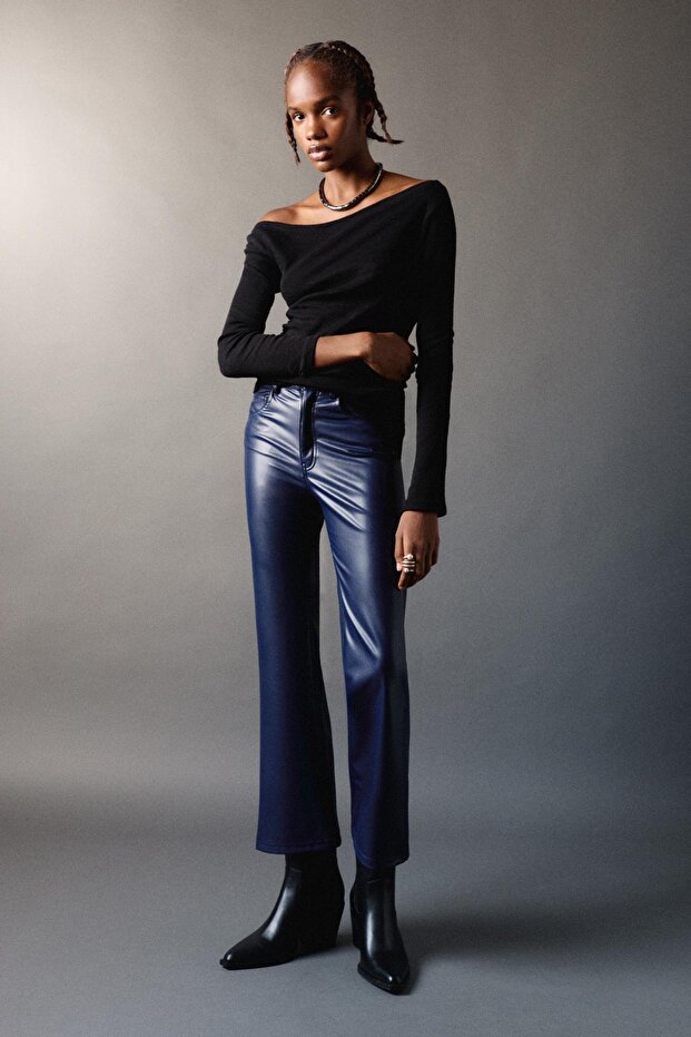 Suni deri flare paça pantolon - 1