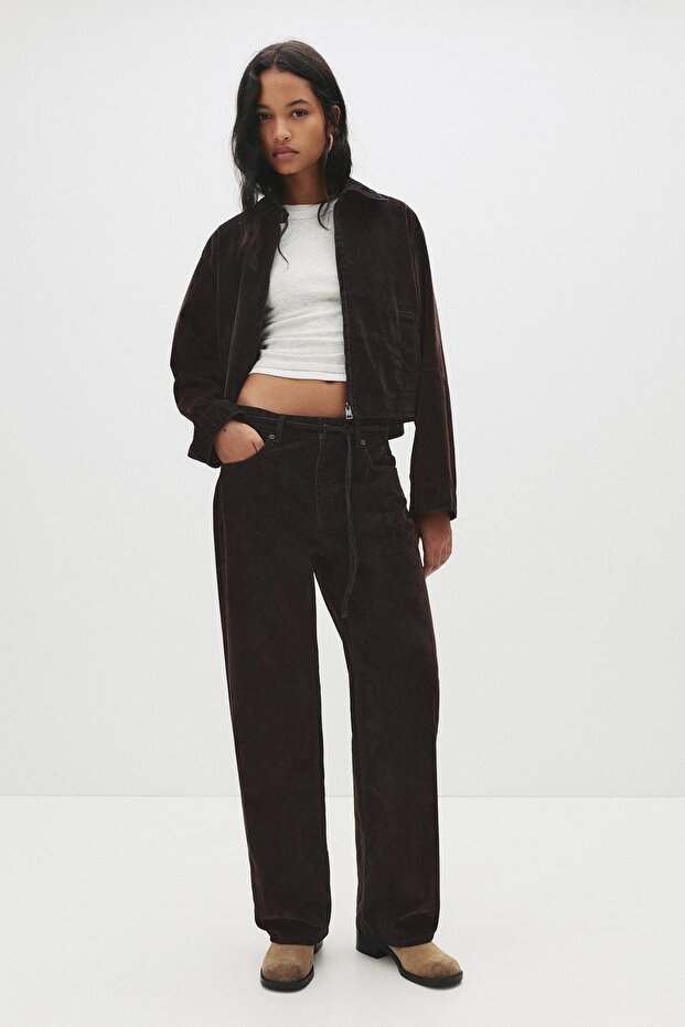 Kemerli orta bel bol paça jean - 3