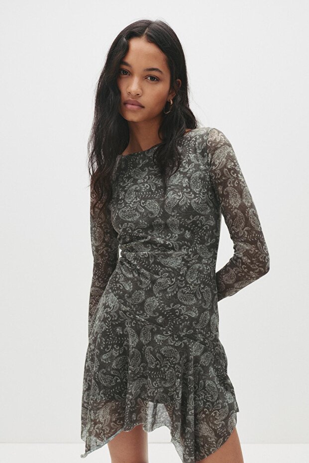 Asimetrik kısa paisley elbise - 3