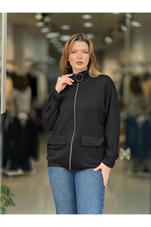 Women's Black Buckle Detailed Modal Jacket with Pockets