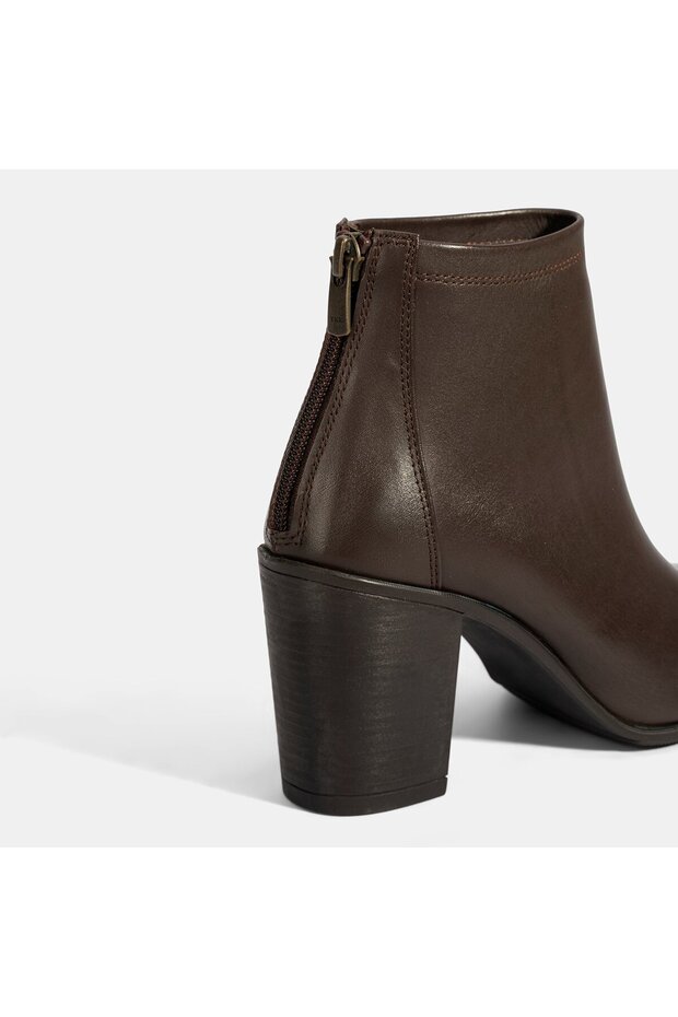 Kadın Kahve Kalın Topuklu Deri Bot - 6