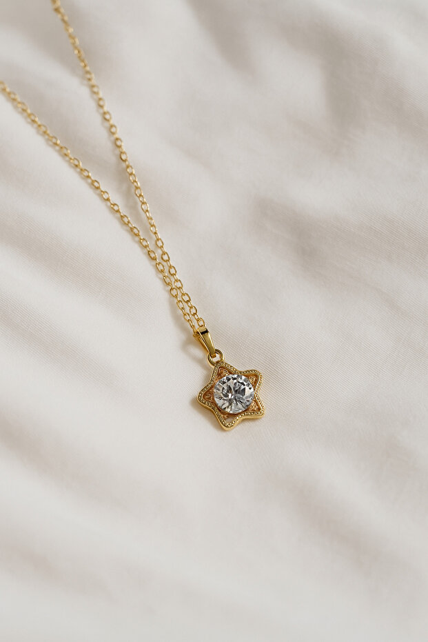 TEK TAŞ zirkon minimal Gold renk yıldız çelik kolye - 2